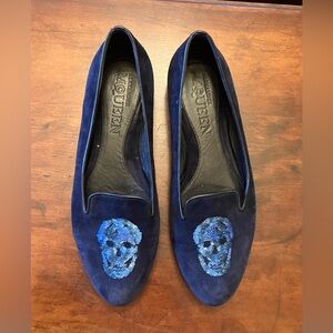 Authentic Alexander McQueen blue suede Skull slides